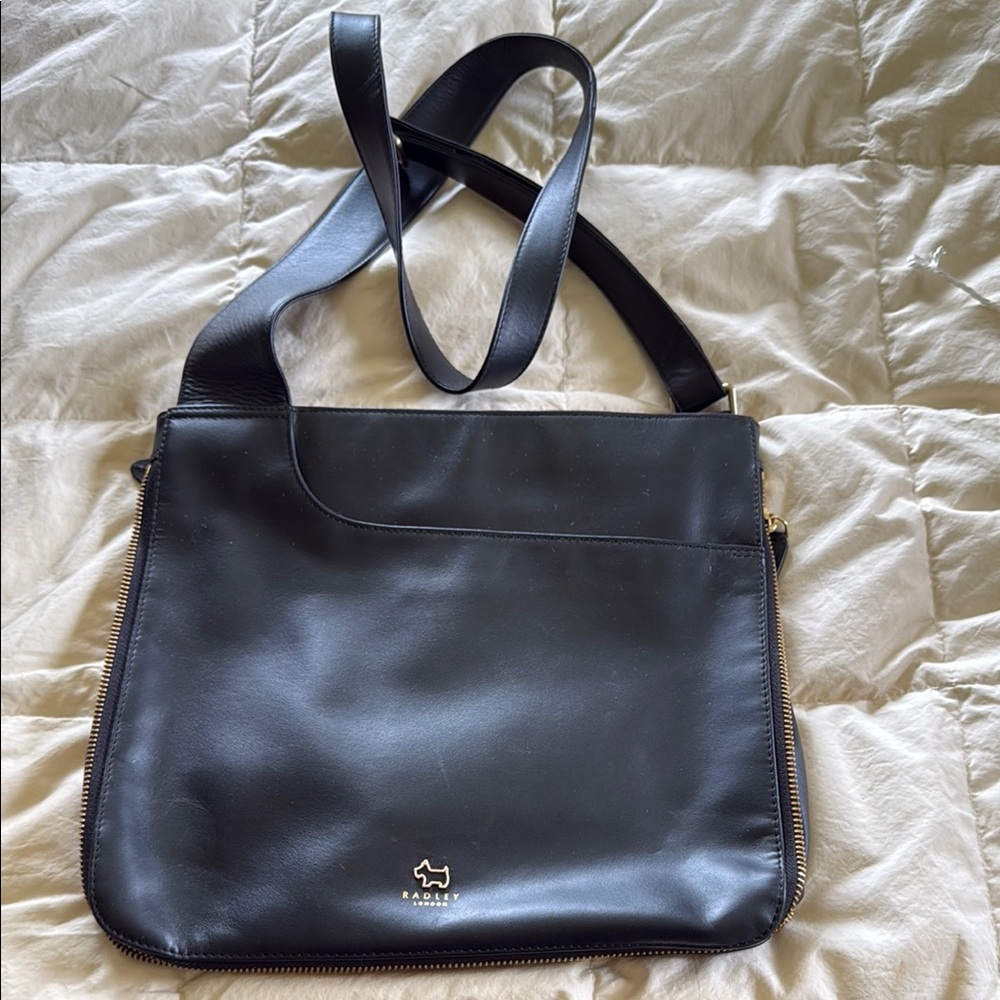 Black Leather Messenger Bag with Gold Hardware